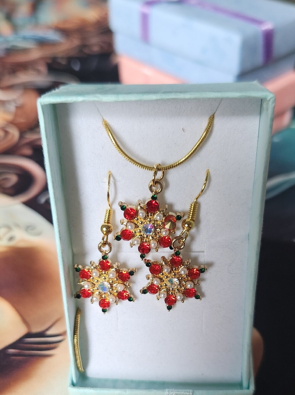 Gold Poinsettas Charms On 24kt Gold Over Stainless Steel Chain & Earwires